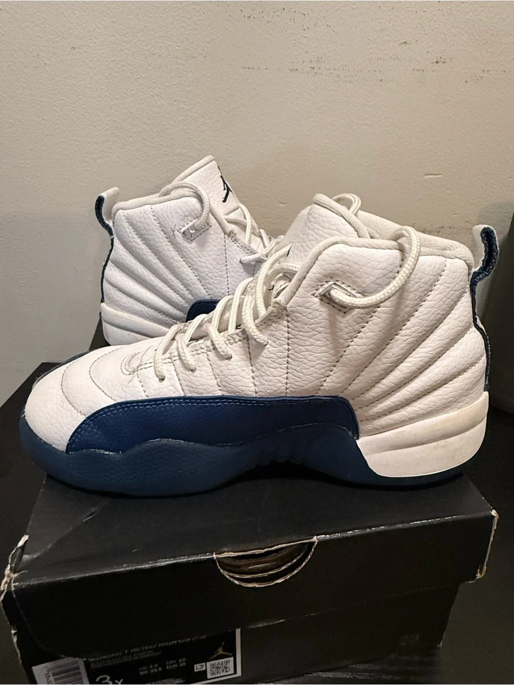 Nike White and Navy Youth Jordan Retro 12 Sneakers